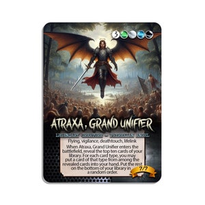 May include: A fantasy trading card featuring Atraxa, Grand Unifier, a Phyrexian Angel with a 7/7 power and toughness rating. The card has flying, vigilance, deathtouch, and lifelink abilities. The card art depicts a winged angel with a halo, standing over a crowd of people.