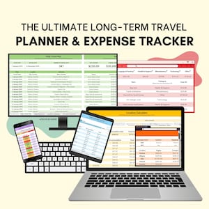 Travel Expense & Budget Tracker Excel, Short or Long-term Travel, Spending Categories Breakdown, Location Stats, Daily Averages, Calculators