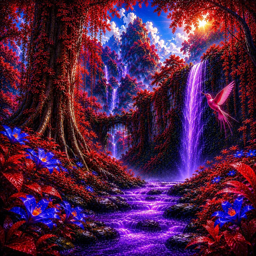 Enchanted Purple Waterfall Fantasy Wall Art, Red Forest Landscape Print ...