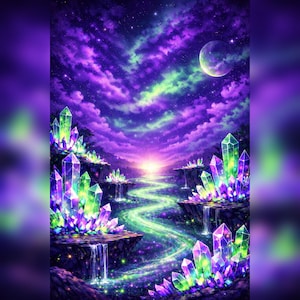 Celestial Crystal Valley Art Print – Cosmic River Fantasy Landscape, Galaxy Wall Art, Luminous Decor