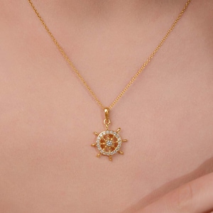 Ship Wheel Lab Diamond Pendant Necklace | 14k Gold Nautical Boat Necklace | Minimalist Jewelry Gift for Her | Mariner Necklace in Box