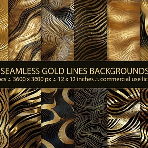 Patrones sin costuras de líneas y ondas doradas de lujo - Texturas abstractas de oro metálico - Descarga instantánea - Uso comercial