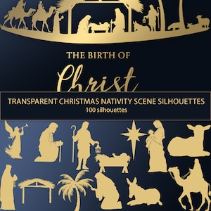 Può includere: Un set di 100 immagini in silhouette dorate che rappresentano la scena della Natività. Le immagini includono figure come Maria, Giuseppe, il bambino Gesù, angeli, pastori, animali e una stella. Il testo "The Birth of Christ" e "Transparent Christmas Nativity Scene Silhouettes 100 silhouettes" è incluso nell'immagine.