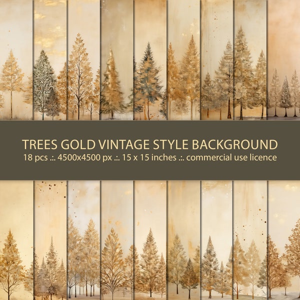 18 Golden Trees Vintage Style Background, Decorative Design With Gold Trees, Digital Paper Pack, Grunge Nature Art