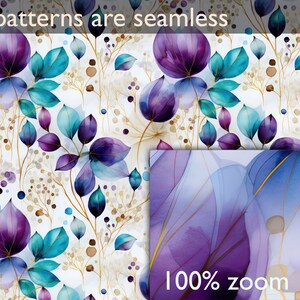 May include: Seamless pattern featuring watercolor illustrations of purple and blue flowers and leaves on a white background. The pattern is repeated throughout the image. The text "all patterns are seamless" appears at the top of the image. The text "100% zoom" appears at the bottom of the image.
