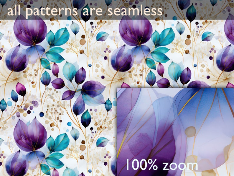 May include: Seamless pattern featuring watercolor illustrations of purple and blue flowers and leaves on a white background. The pattern is repeated throughout the image. The text "all patterns are seamless" appears at the top of the image. The text "100% zoom" appears at the bottom of the image.