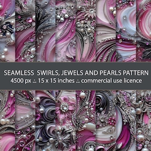 May include: A seamless pattern featuring swirls, jewels, and pearls in shades of pink, white, and gray. The pattern is 15 inches by 15 inches and is available for commercial use.