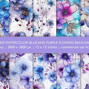 May include: Ten seamless digital paper patterns featuring watercolour blue and purple flowers on a white background. The patterns are 3600 x 3600 pixels and are 12 inches by 12 inches.