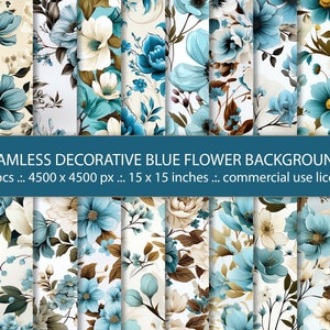 20 naadloze decoratieve blauwe bloemen achtergronden, lentebloemen achtergrond, naadloos patroon, aquarel bloemenpapier, bloemenpapier