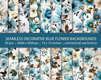 May include: A set of 20 digital seamless patterns featuring blue and white flowers on a white background. The patterns are 4500 x 4500 pixels and are 15 x 15 inches.  The text "SEAMLESS DECORATIVE BLUE FLOWER BACKGROUNDS" is displayed at the top of the image.  "20 pcs .:. 4500 x 4500 px .:. 15 x 15 inches .:. commercial use licence" is displayed below the title.