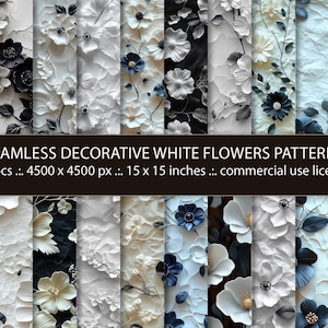 Könnte beinhalten: Ein Set mit 28 nahtlosen digitalen Papiermustern mit weißen Blumen mit blauen Akzenten auf weißem Hintergrund. Die Muster sind 4500 x 4500 Pixel groß und 15 x 15 Zoll. Der Text "SEAMLESS DECORATIVE WHITE FLOWERS PATTERNS" befindet sich am unteren Rand des Bildes.