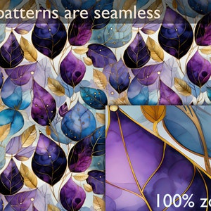 May include: Seamless pattern featuring watercolor leaves in shades of blue, purple, and gold. The leaves are outlined in gold and have a delicate, ethereal look. The pattern is perfect for adding a touch of elegance to any project.