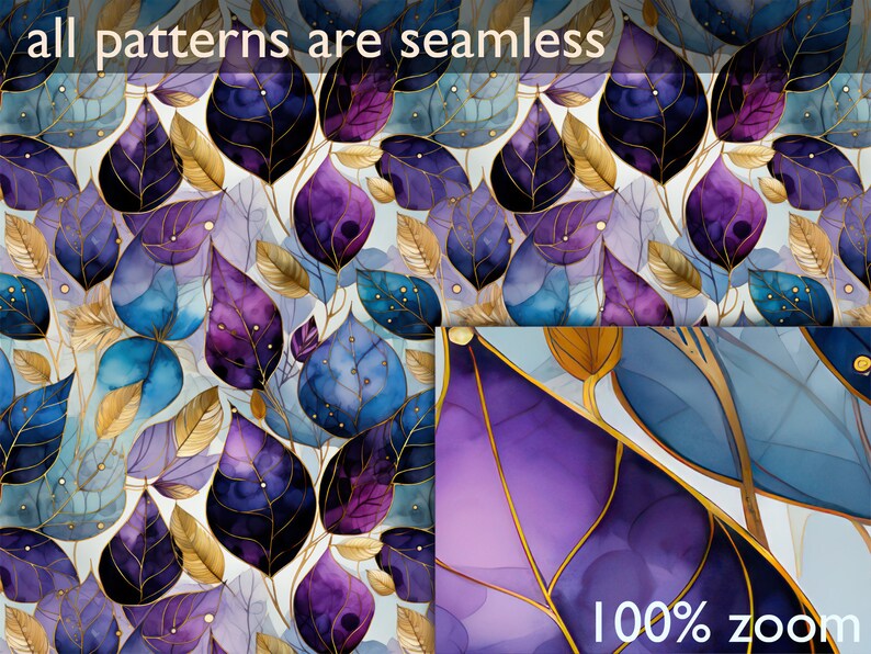 May include: Seamless pattern featuring watercolor leaves in shades of blue, purple, and gold. The leaves are outlined in gold and have a delicate, ethereal look. The pattern is perfect for adding a touch of elegance to any project.