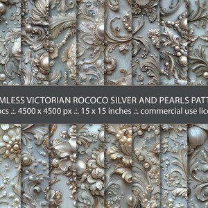 May include: A seamless pattern featuring a Victorian Rococo design with silver and pearl accents. The pattern is made up of intricate floral motifs and swirls, and is perfect for adding a touch of elegance to any project.