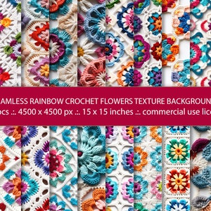 20 nahtlose Regenbogen-Häkelblumen-Hintergründe, dekorative Hintergründe, Vintage-Häkeltextur-Hintergründe, Strickmuster-Hintergründe