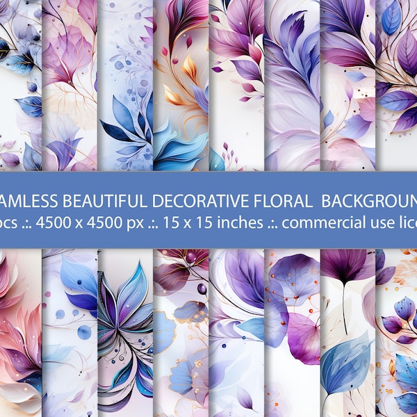 20 Seamless Beautiful Decorative Floral Backgrounds, Digital Paper, Purple Botanical Arts, Abstract Leaves, Beautiful Flowers