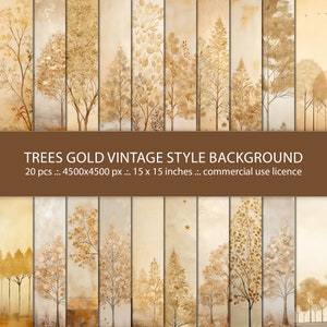 Achtergrond met 20 gouden bomen, vintage natuurdecoratieontwerp, digitale print, plakboekpapier