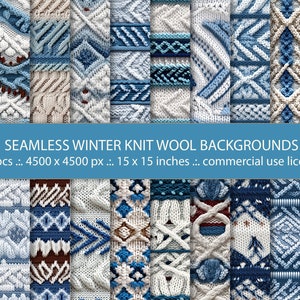 May include: A collection of 20 seamless winter knit wool backgrounds. The designs feature various patterns in shades of blue, white, and brown. The image includes text that reads "SEAMLESS WINTER KNIT WOOL BACKGROUNDS" and "20 pcs ... 4500 x 4500 px ... 15 x 15 inches ... commercial use licence."