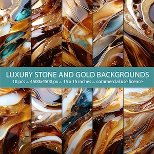 May include: Ten digital backgrounds featuring abstract swirls of brown, gold, and teal paint. The backgrounds are 4500 x 4500 pixels and are 15 x 15 inches.