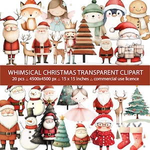Puede incluir: Una colección de ilustraciones de clipart con temática navideña. La imagen presenta a Papá Noel, renos, muñecos de nieve, árboles de Navidad, ángeles y otros personajes festivos. El texto de la imagen dice "WHIMSICAL CHRISTMAS TRANSPARENT CLIPART".