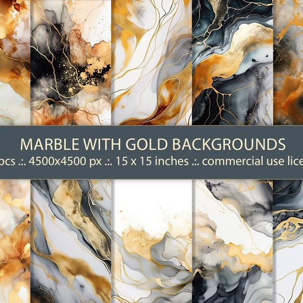 Luxury Watercolor Marble Digital Paper Background - Marble Textures with Gold Vein - Printable Scrapbook Paper - Commercial Use