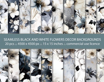 20 Seamless Black and White Flowers Backgrounds, Decorative Beautiful Floral Designs, Floral Pattern, Digital Paper