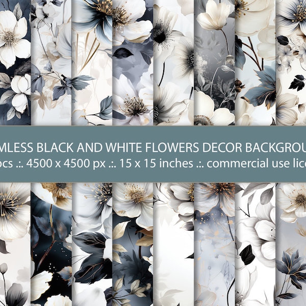 20 Seamless Black and White Flowers Backgrounds, Decorative Beautiful Floral Designs, Floral Pattern, Digital Paper