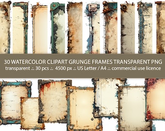 Cadres aquarelle grunge : clipart vintage, PNG transparents (téléchargement numérique)