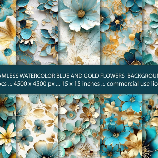 10 luxuriöse blaue und goldene florale nahtlose Hintergründe – Aquarellpapiere, nahtlose Muster – kommerzielle Nutzung, sofortiger Download, Papierset