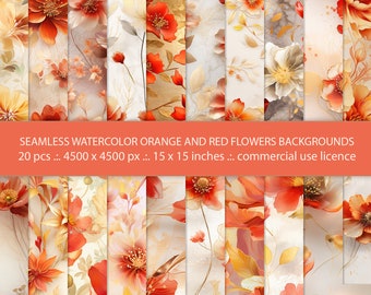 Decorative Watercolor Red And Orange Flowers Background , Seamless Pattern for Floral Crafts, Botanical Background Art