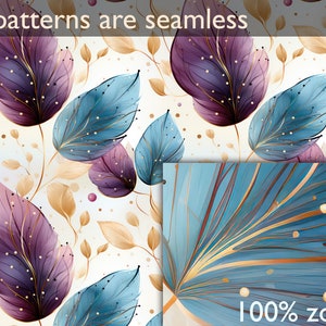 May include: Seamless pattern featuring blue and purple leaves with gold accents on a white background. The pattern is repeated throughout the image. The text "100% zoom" is visible in the lower right corner of the image.