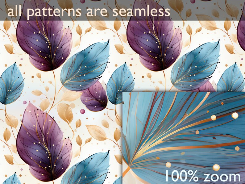 May include: Seamless pattern featuring blue and purple leaves with gold accents on a white background. The pattern is repeated throughout the image. The text "100% zoom" is visible in the lower right corner of the image.