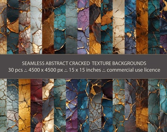 May include: 30 seamless abstract cracked texture backgrounds in various colors, including gold, blue, purple, and brown. Each background is 4500 x 4500 pixels and measures 15 x 15 inches.