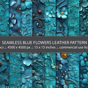 Può includere: 20 motivi digitali senza cuciture con fiori blu su uno sfondo di pelle turchese. Ogni motivo è 4500 x 4500 pixel e misura 15 x 15 pollici. Licenza di utilizzo commerciale inclusa.