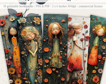 10 marcapáginas digitales imprimibles - Set de marcapáginas para descarga instantánea, Niñas y flores caprichosas
