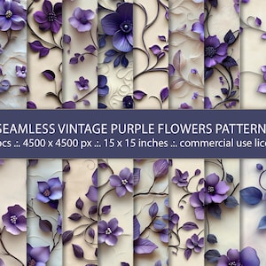 May include: 30 seamless digital paper patterns featuring vintage purple flowers on a cream background. Each pattern is 4500 x 4500 pixels and measures 15 x 15 inches.