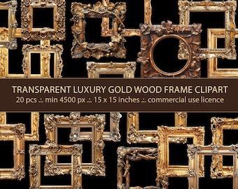 20 Vintage Gold Frame Clipart: Luxury Wooden PNG Overlays (Digital Download)