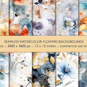 Motifs sans couture de fleurs aquarelles - 10 arrière-plans JPG pour un usage commercial, téléchargement immédiat - papiers floraux aquarelles, papier fleurs