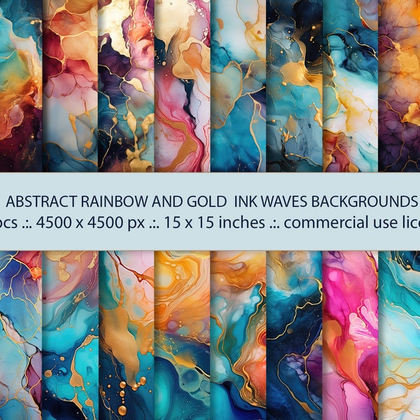 20 Enchanted Rainbow and Gold Alcohol Ink Digital Paper Pack - Colorful Abstract Backgrounds - Commercial use Digital Download