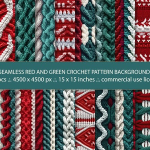 Puede incluir: Veinte fondos de patrones de crochet rojo y verde sin costuras, cada uno mide 38 cm por 38 cm. Los patrones son intrincados y detallados, con una variedad de texturas y diseños. Estos fondos son perfectos para agregar un toque de calidez y comodidad a tus proyectos digitales.