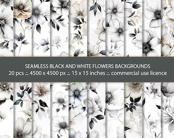20 Seamless  Black and White Flowers Backgrounds, Enchanting Watercolor Floral Digital Backgrounds -  Instant Download Commercial Use