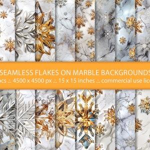Può includere: Sfondi digitali senza cuciture con disegni di fiocchi di neve su marmo. I design presentano motivi di fiocchi di neve dorati e argentati. Il testo recita "SEAMLESS FLAKES ON MARBLE BACKGROUNDS" e "15 x 15 inches" (38 x 38 cm).