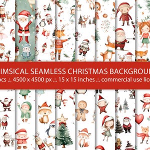 May include: A collection of whimsical Christmas-themed seamless backgrounds. The designs feature Santa Claus, elves, foxes, reindeer, and other festive characters. The backgrounds are in various colors and patterns, with the text "WHIMSICAL SEAMLESS CHRISTMAS BACKGROUNDS".