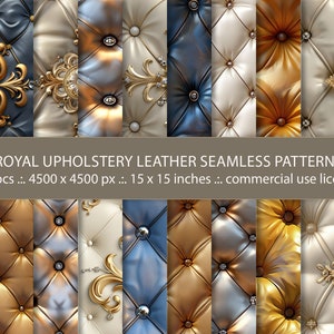 May include: 20 seamless patterns of royal upholstery leather in gold, silver, and blue with a tufted design. Each pattern is 4500 x 4500 pixels and measures 15 x 15 inches.
