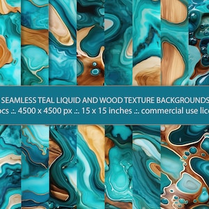 18 Seamless Teal Liquid And Wood Texture Backgrounds,Abstract Gold Wood And Resin Backgrounds, Seamless Pattern, Digital Paper