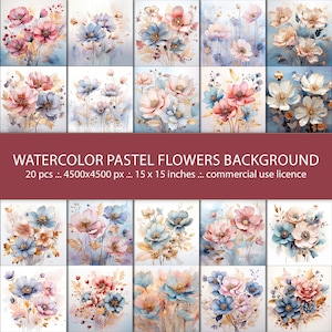 Watercolor Pastel Flowers Background, Decorative Floral Painting, Botanical Design, Digital Paper,  Commercial use
