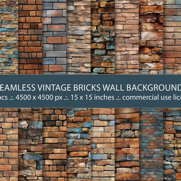 20 Seamless Vintage Bricks Wall Backgrounds, Realistic  textures, Digital papers, Grunge stone, Wall backdrops, Natural stone, brick texture