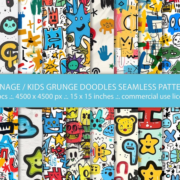 Teenage / kids grunge doodles seamless patterns | Teen Doodles Seamless Patterns Set | Teen Girl/Boy Digital Download