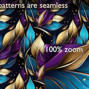 May include: A seamless pattern featuring gold, purple, and blue leaves on a black background. The leaves are arranged in a repeating pattern and have a metallic sheen. The pattern is perfect for use in a variety of design projects, such as fabric, wallpaper, and packaging.