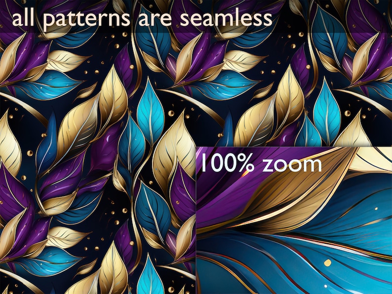 May include: A seamless pattern featuring gold, purple, and blue leaves on a black background. The leaves are arranged in a repeating pattern and have a metallic sheen. The pattern is perfect for use in a variety of design projects, such as fabric, wallpaper, and packaging.